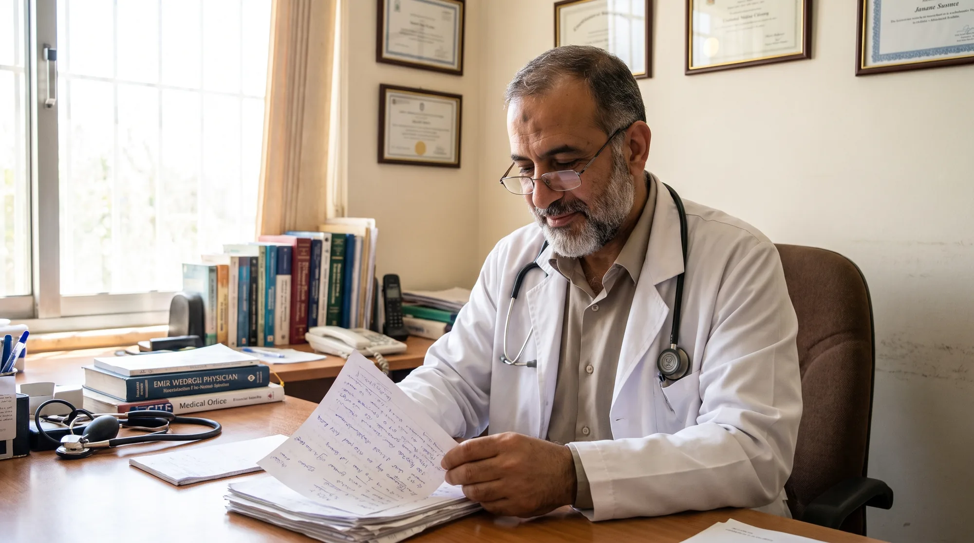 پزشک در حال مرور پرونده در اتاق ویزیت — تصویر شاخص